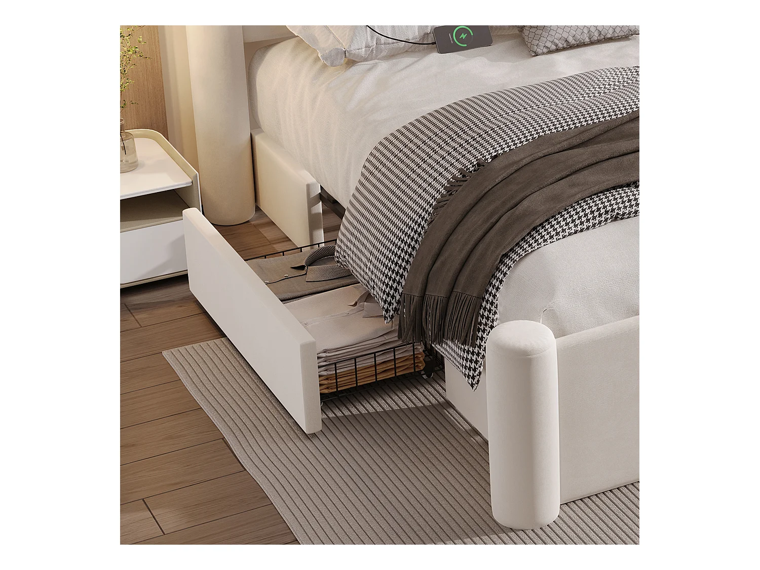 Lit adulte 160x200 cm - Lit double avec 2 tiroirs et chargeur USB - pieds cylindriques - velours beige