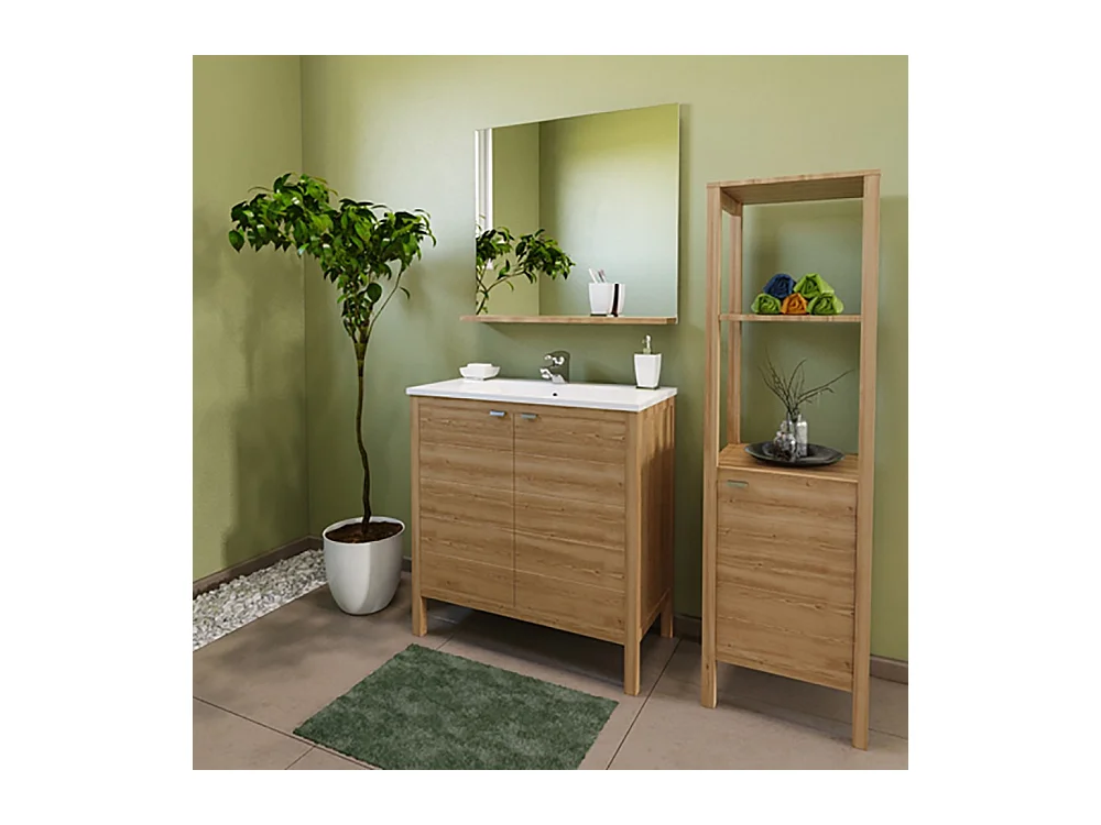 Meuble de rangement Colonne 1porte et étagère couleur chêne TIVU sur pieds