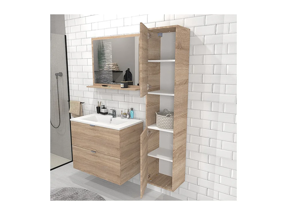 Colonne Meuble Salle de bain 165x35x30cm 2 portes couleur chêne COLO à fixer au mur