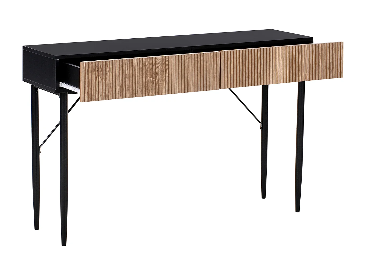 Moderner Konsolentisch 2 Schubladen Helles Holz Gerippte Front MDF Flur Schlafzimmer Schwarz Blythe