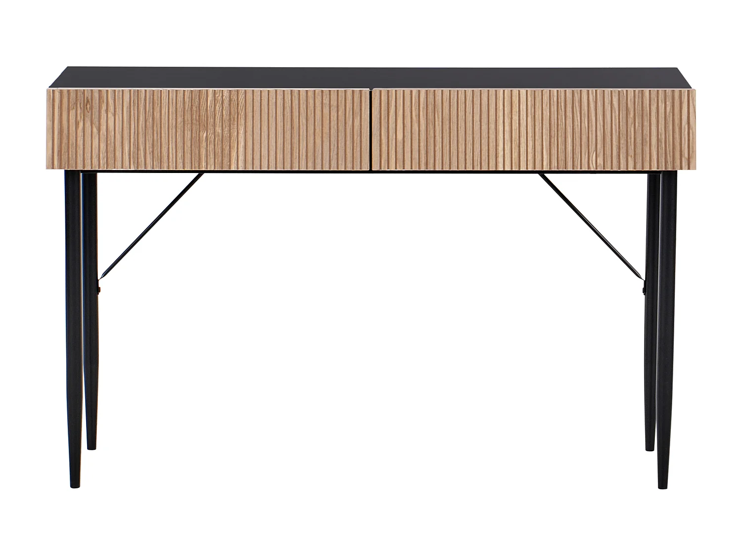 Moderner Konsolentisch 2 Schubladen Helles Holz Gerippte Front MDF Flur Schlafzimmer Schwarz Blythe