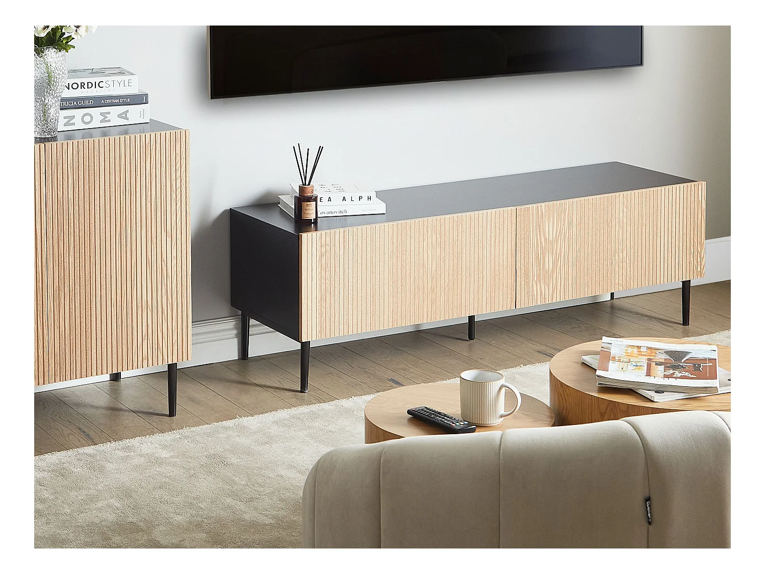 Meuble TV BLYTHE Frêne naturel Noir