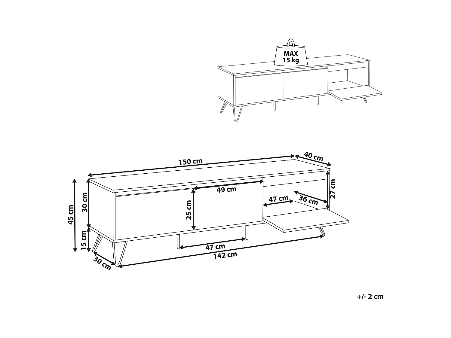 TV-Möbel mit 3 Regalböden aus Spanplatte, 150 cm, minimalistischer Stil, hellbraun Cardigan