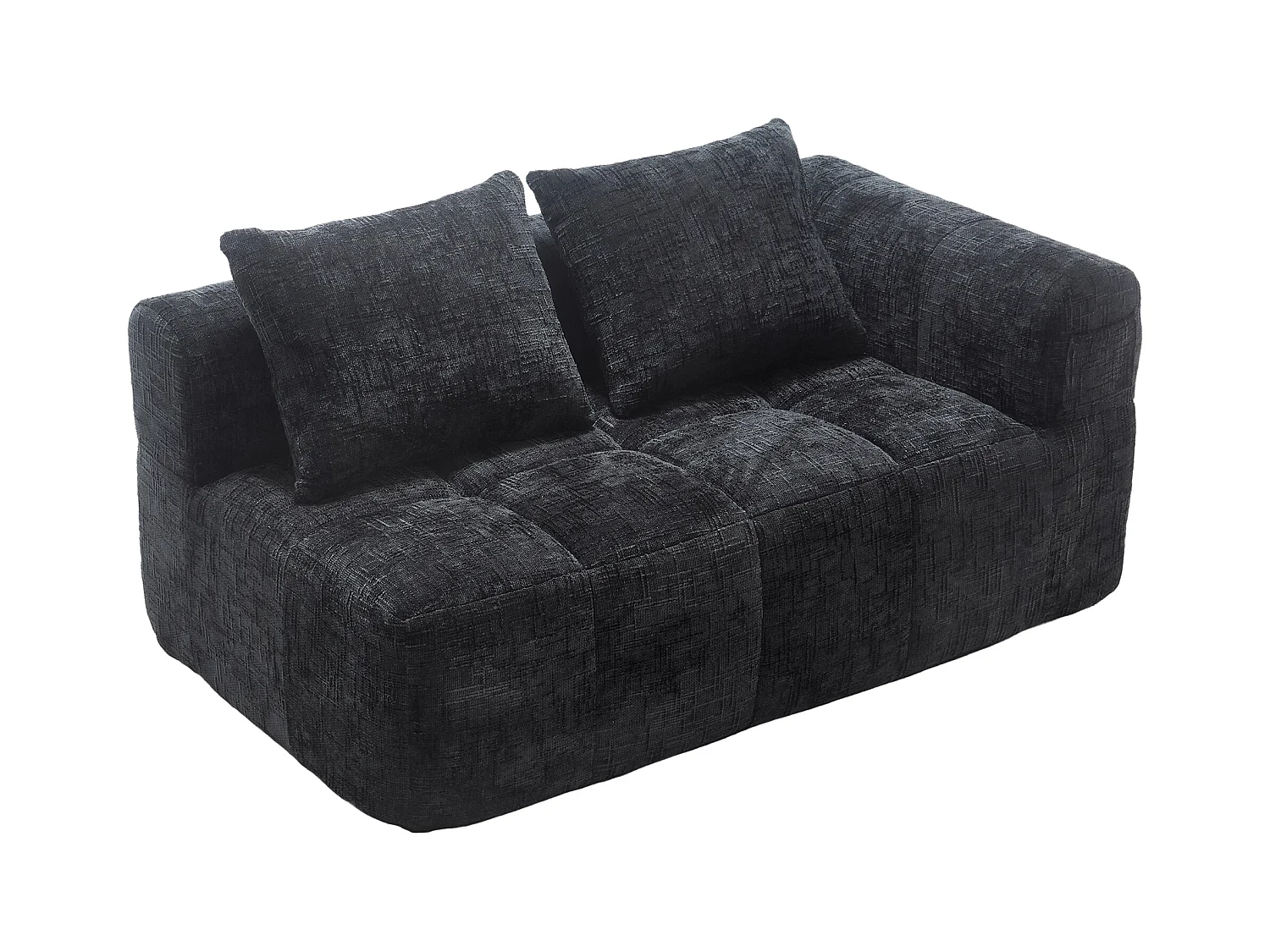 Méridienne gauche 2 places en chenille noir avec 2 coussins, Rembourrage Moelleux - 158x90x60cm