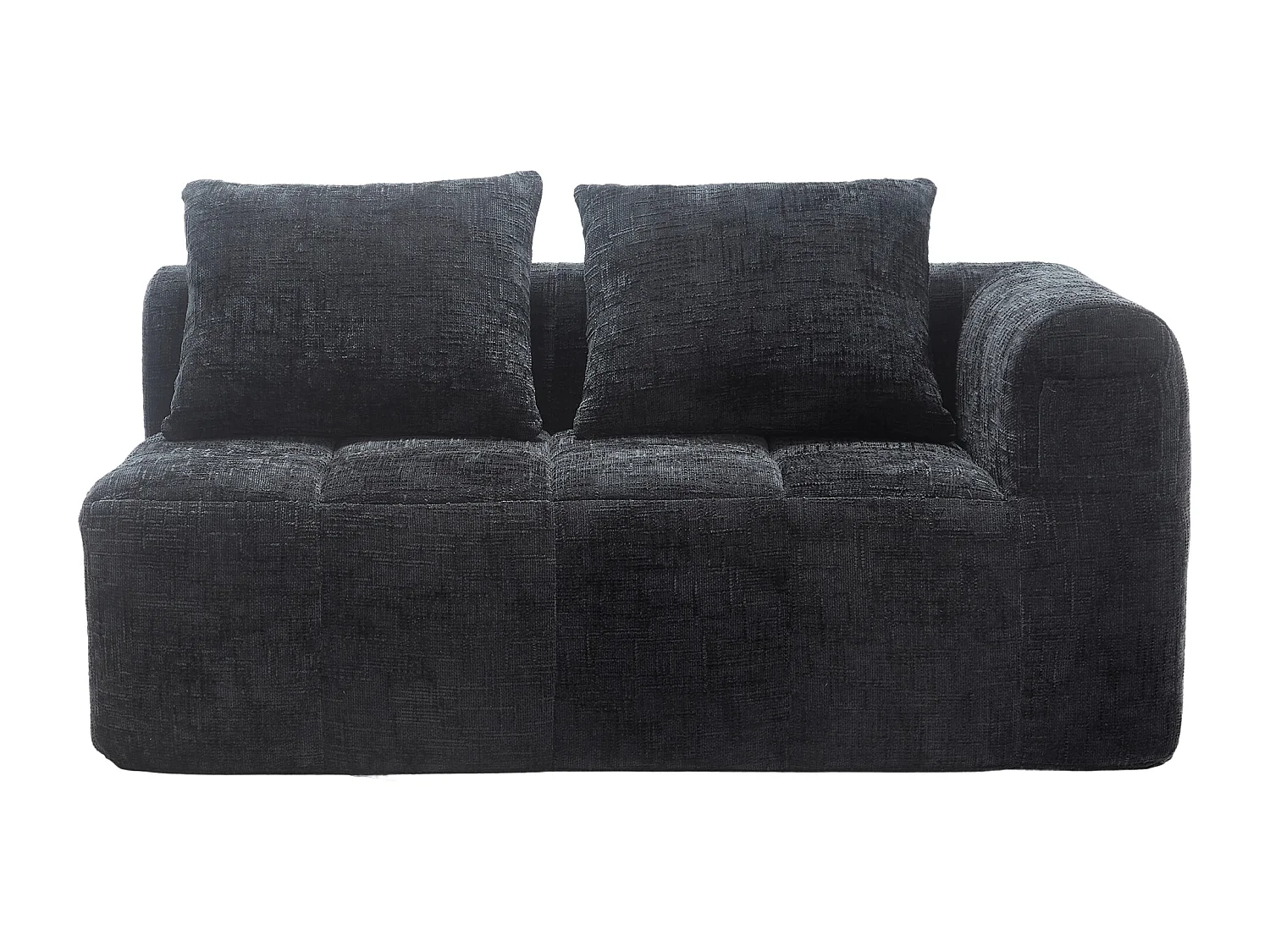 Méridienne gauche 2 places en chenille noir avec 2 coussins, Rembourrage Moelleux - 158x90x60cm