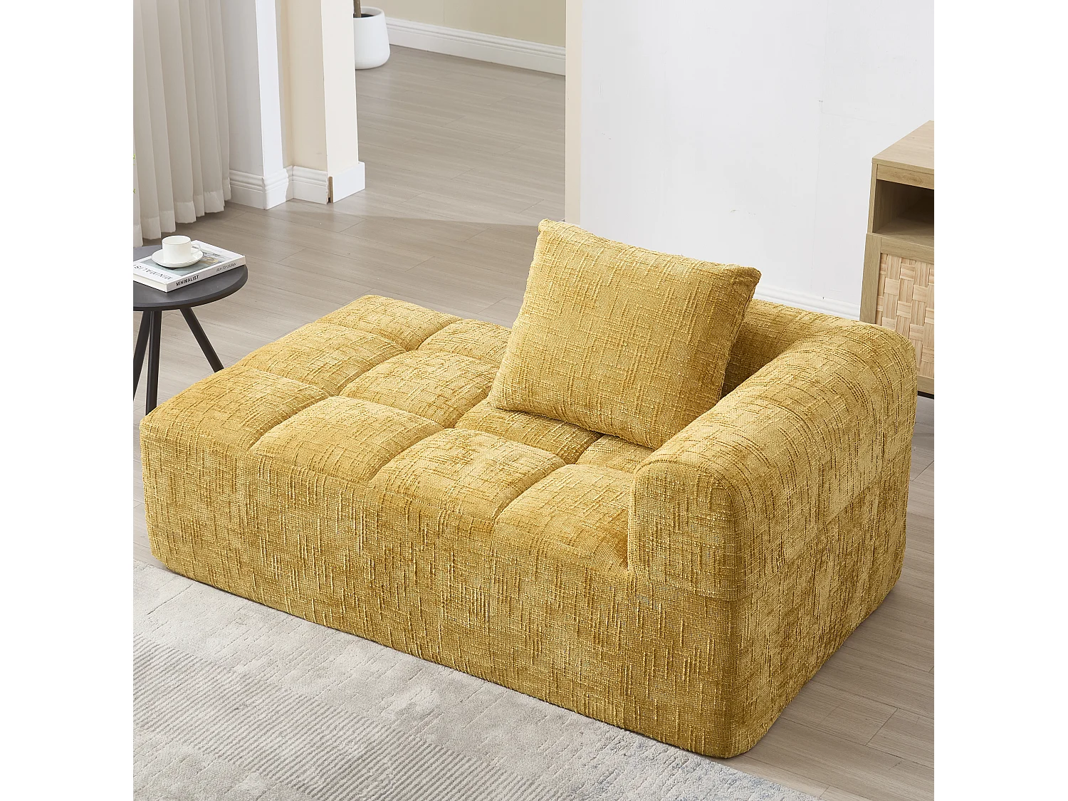 Méridienne gauche en chenille jaune avec 1 coussins, Rembourrage Moelleux - 158x90x60cm