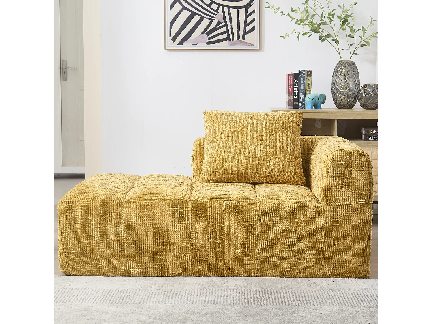Méridienne gauche en chenille jaune avec 1 coussins, Rembourrage Moelleux - 158x90x60cm
