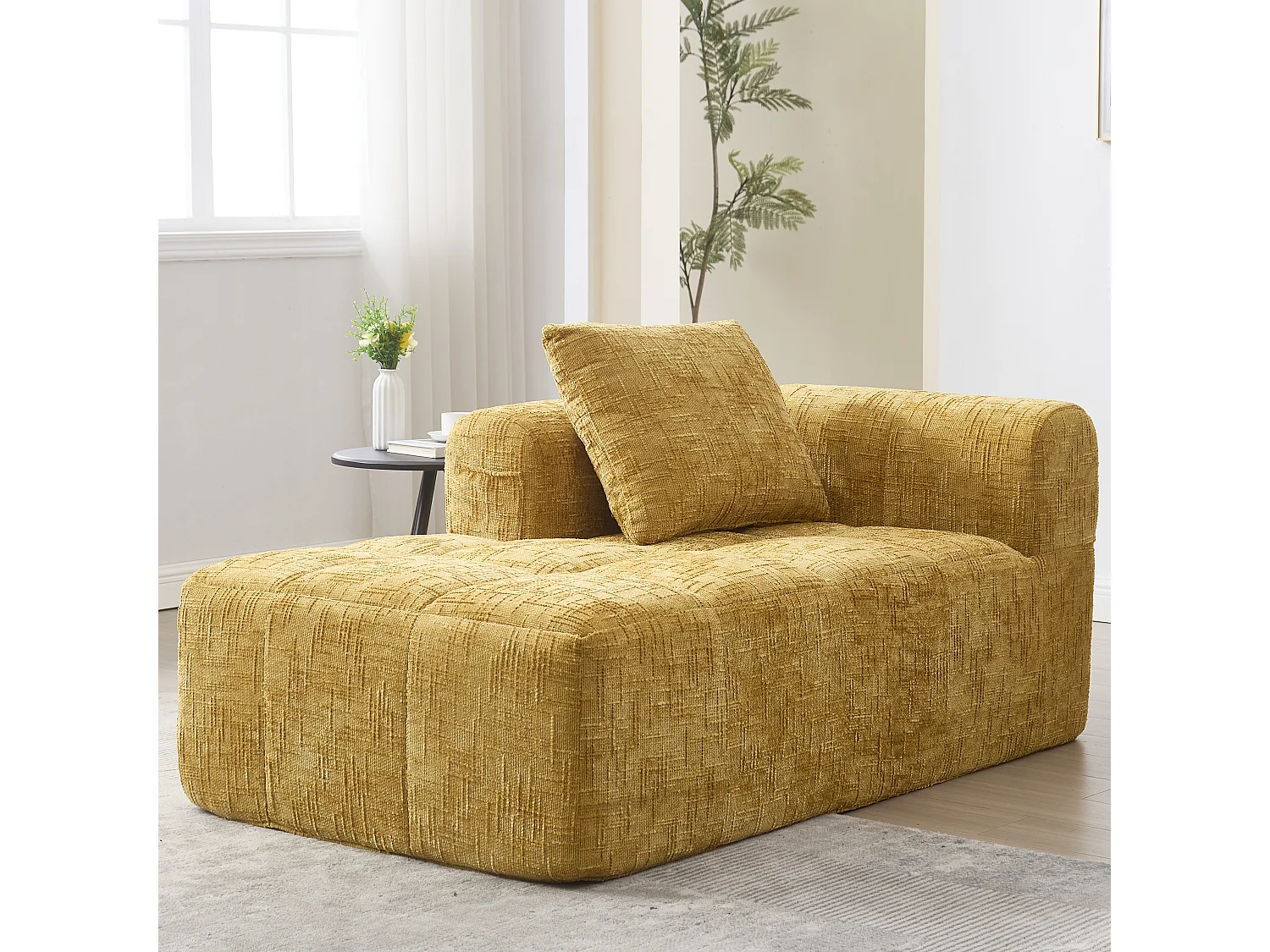 Méridienne gauche en chenille jaune avec 1 coussins, Rembourrage Moelleux - 158x90x60cm