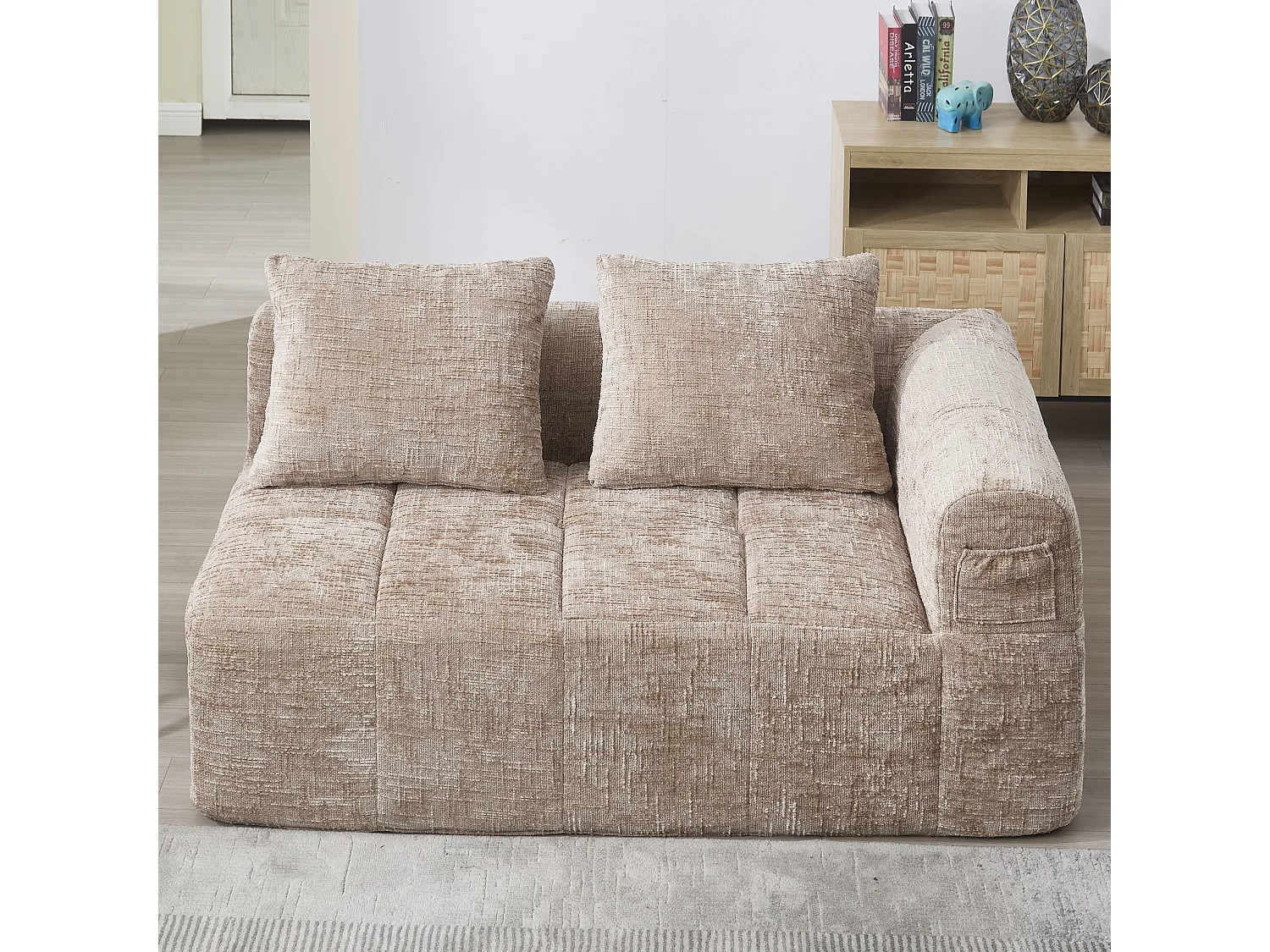 Méridienne gauche 2 places en chenille kaki avec 2 coussins, Rembourrage Moelleux -158x90x60cm