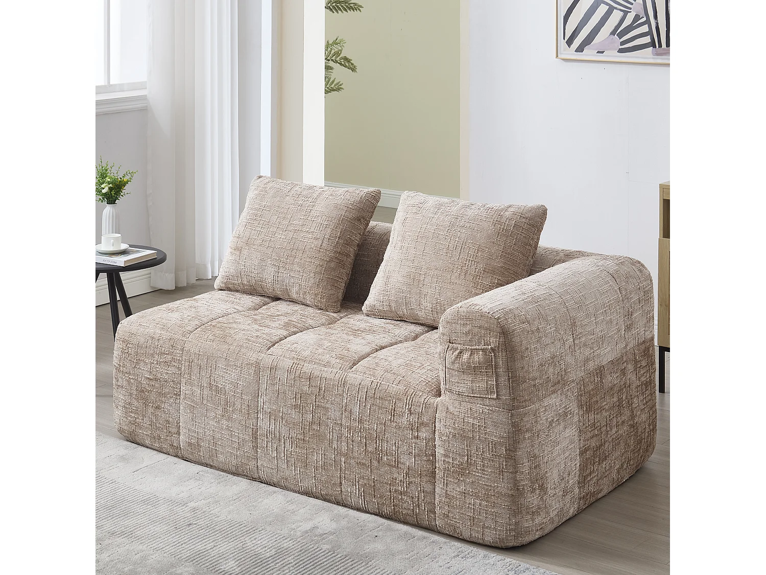 Méridienne gauche 2 places en chenille kaki avec 2 coussins, Rembourrage Moelleux -158x90x60cm