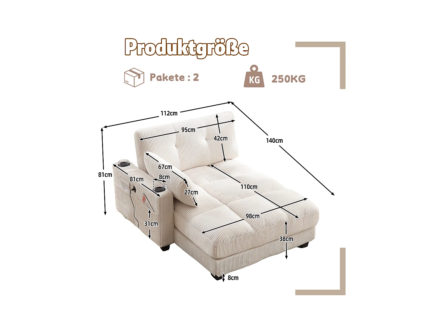 Méridienne fixe en velours beige avec accoudoirs interchangeables, porte-boissons et chargeur intégré - 140x112x81cm