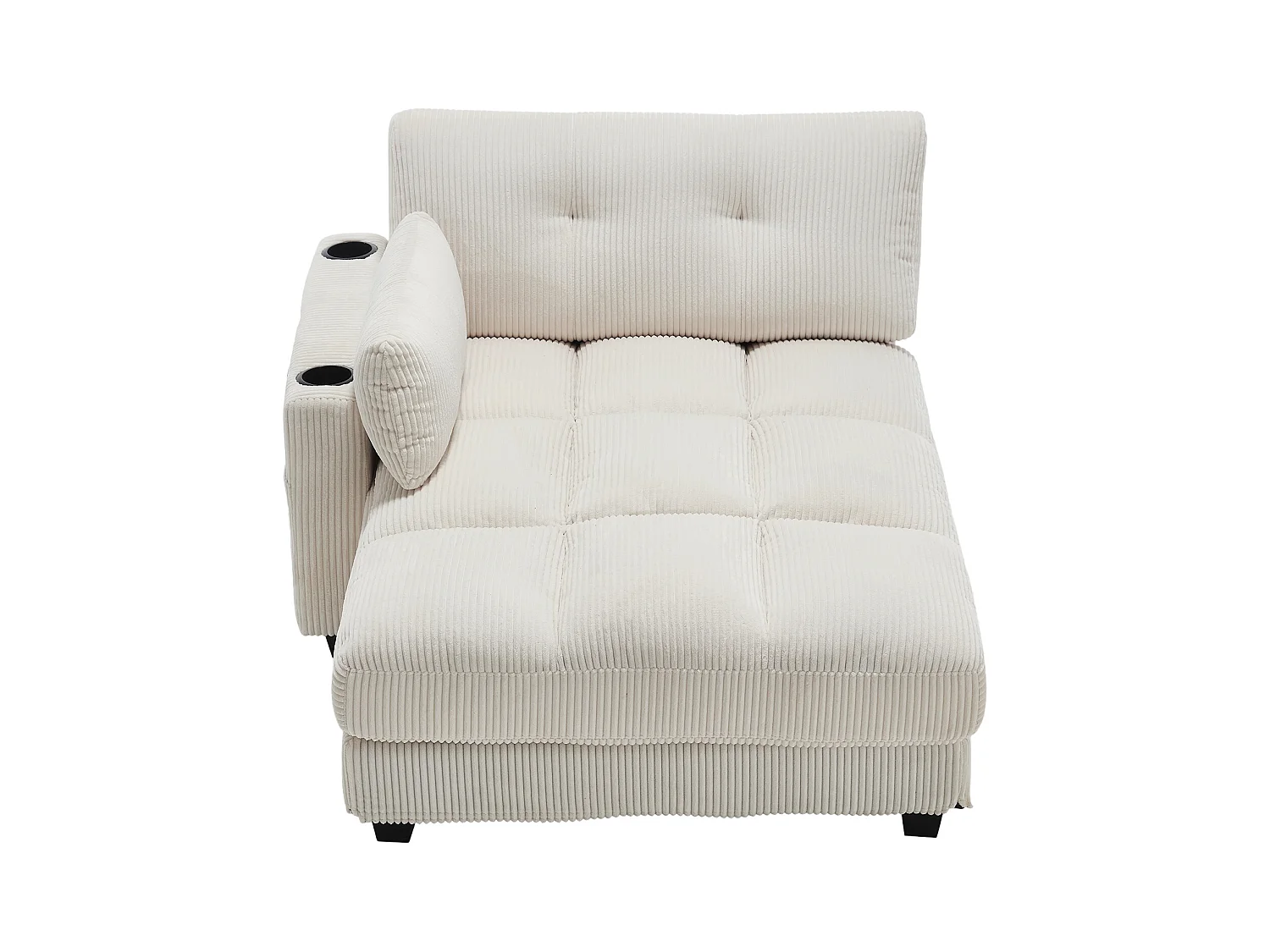 Méridienne fixe en velours beige avec accoudoirs interchangeables, porte-boissons et chargeur intégré - 140x112x81cm