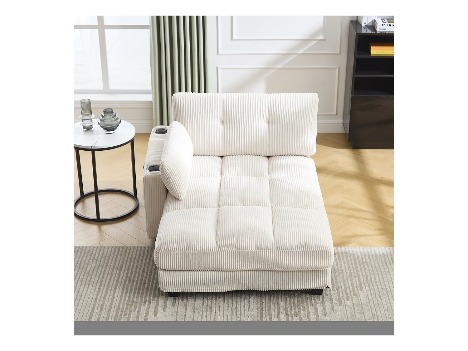 Méridienne fixe en velours beige avec accoudoirs interchangeables, porte-boissons et chargeur intégré - 140x112x81cm