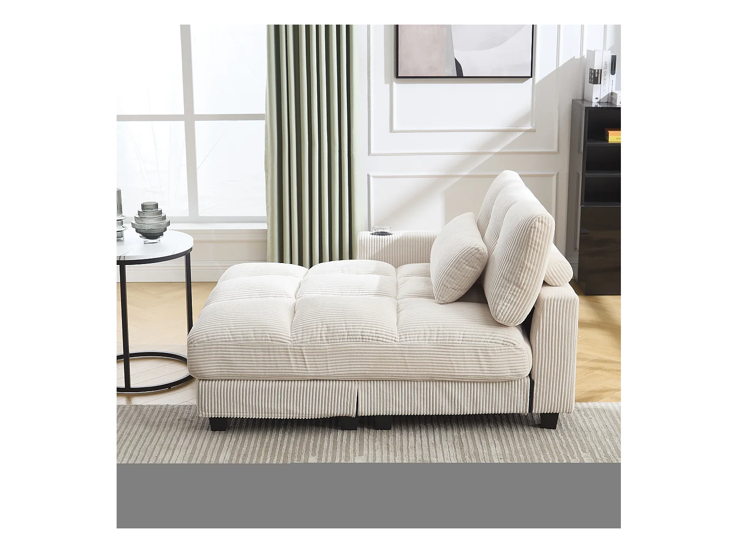 Méridienne fixe en velours beige avec accoudoirs interchangeables, porte-boissons et chargeur intégré - 140x112x81cm