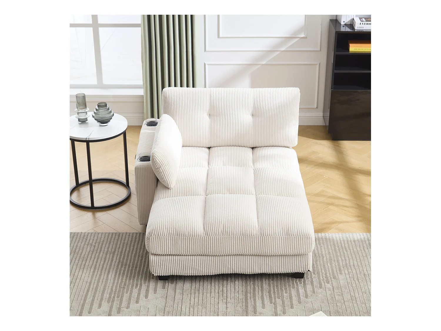 Méridienne fixe en velours beige avec accoudoirs interchangeables, porte-boissons et chargeur intégré - 140x112x81cm