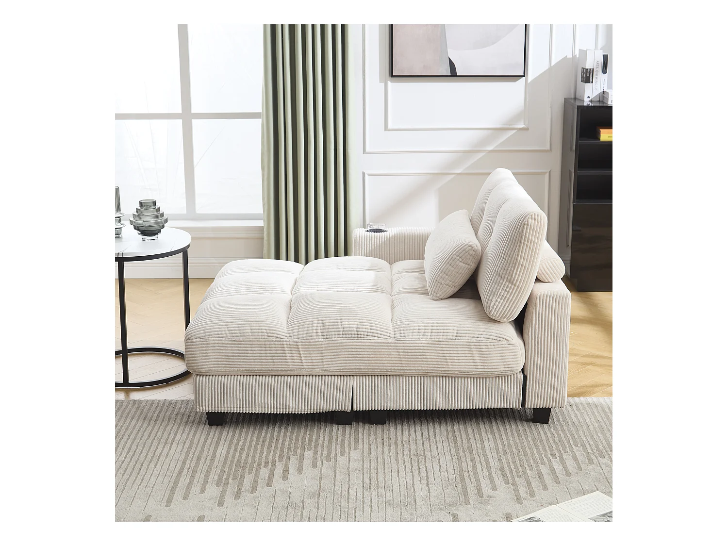 Méridienne fixe en velours beige avec accoudoirs interchangeables, porte-boissons et chargeur intégré - 140x112x81cm