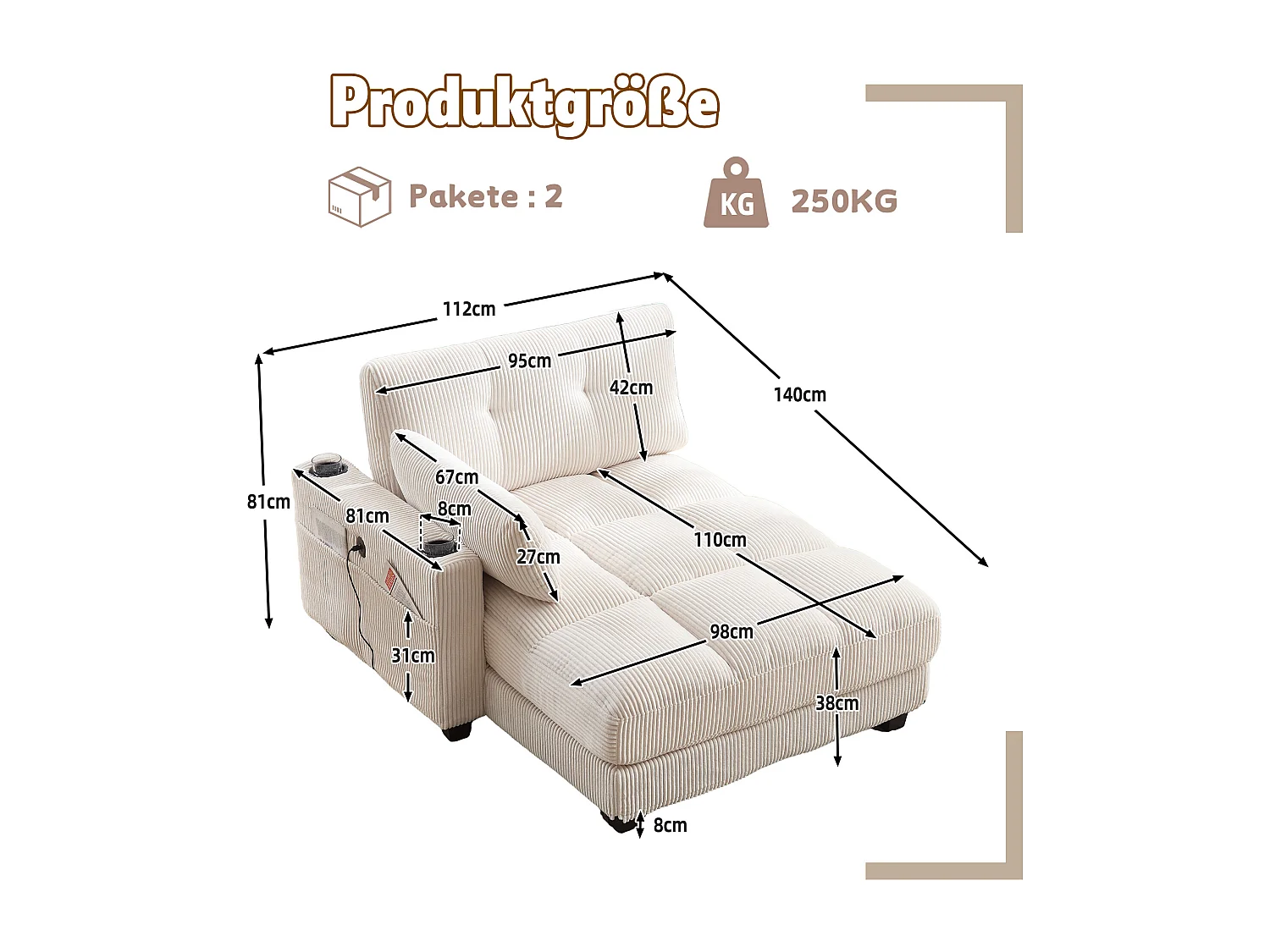 Méridienne fixe en velours beige avec accoudoirs interchangeables, porte-boissons et chargeur intégré - 140x112x81cm