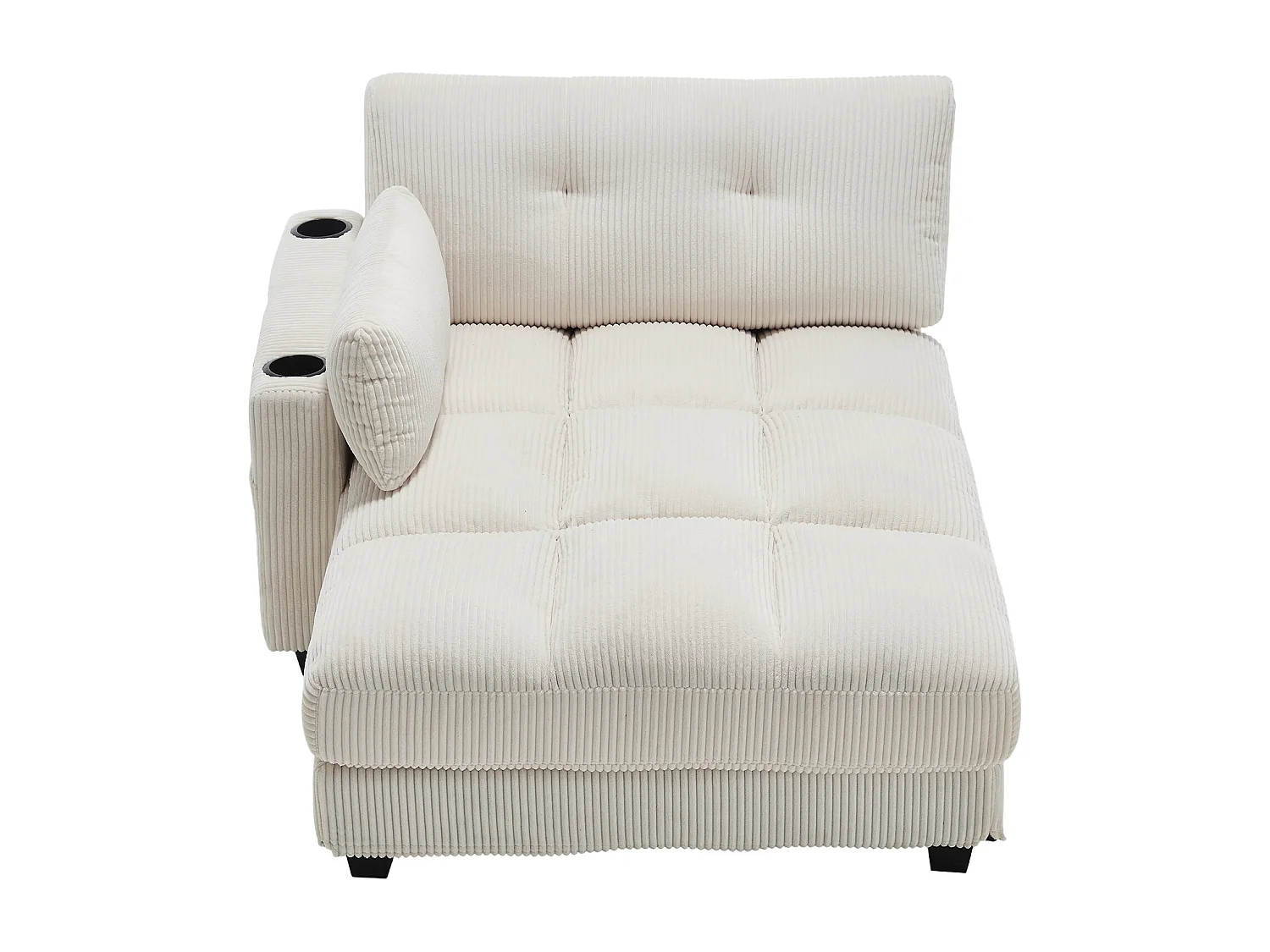 Méridienne fixe en velours beige avec accoudoirs interchangeables, porte-boissons et chargeur intégré - 140x112x81cm