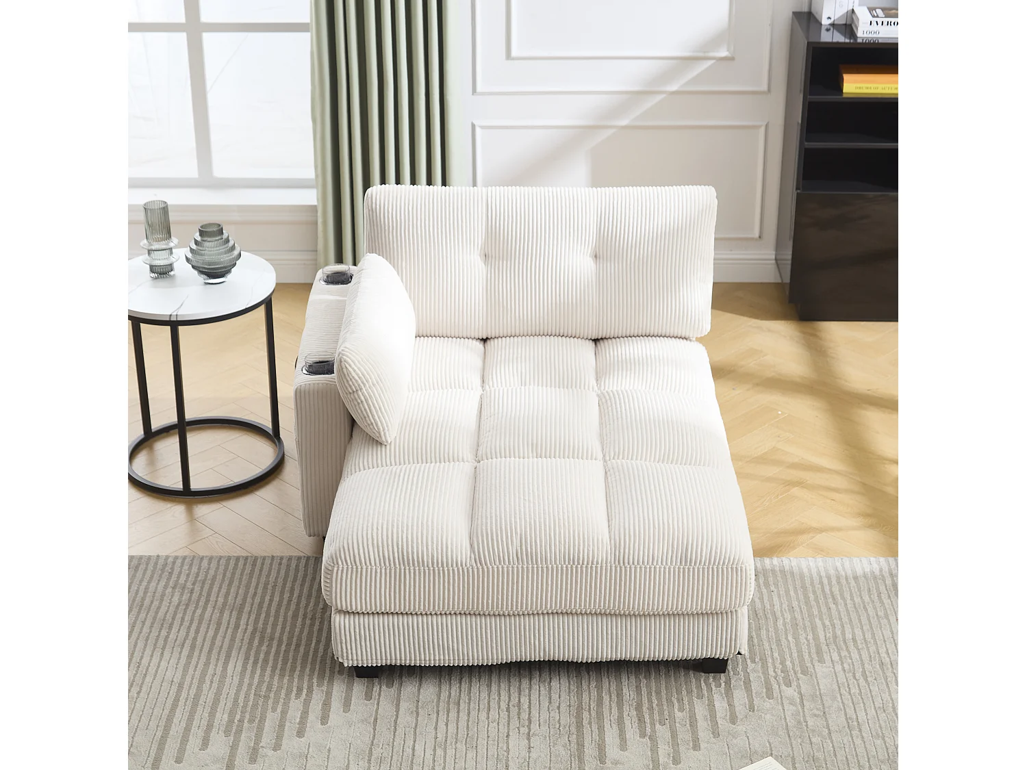 Méridienne fixe en velours beige avec accoudoirs interchangeables, porte-boissons et chargeur intégré - 140x112x81cm