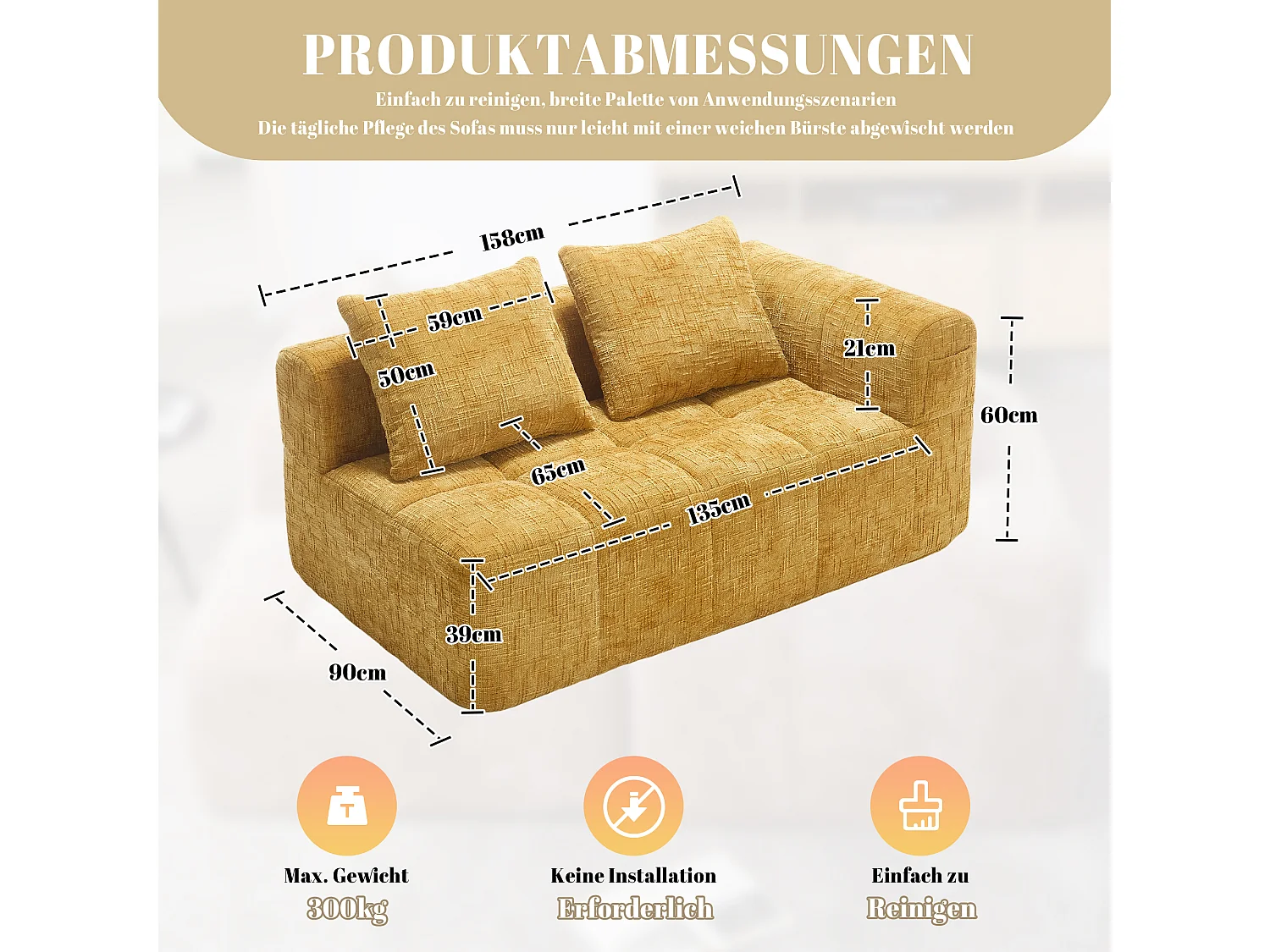 Méridienne gauche 2 places en chenille jaune avec 2 coussins, Rembourrage Moelleux - 158x90x60cm
