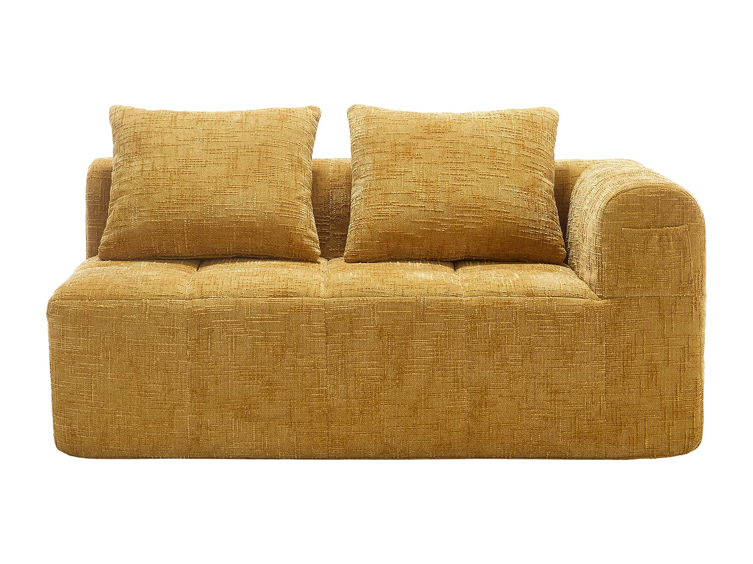 Méridienne gauche 2 places en chenille jaune avec 2 coussins, Rembourrage Moelleux - 158x90x60cm