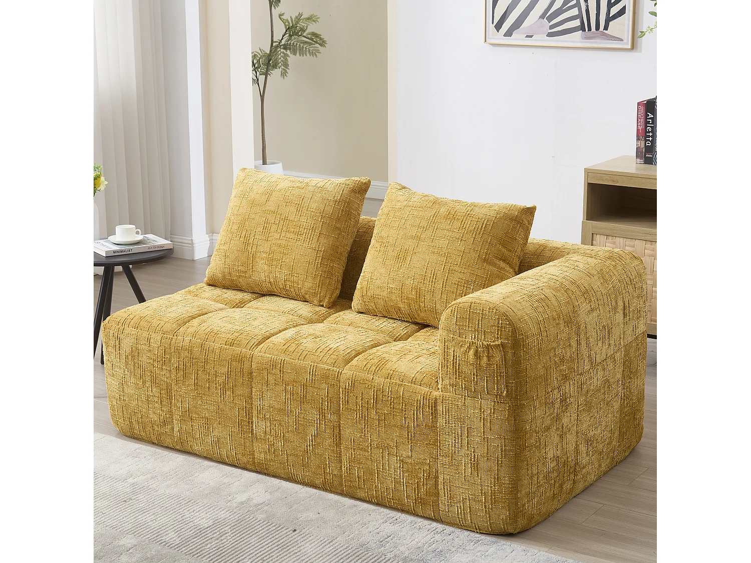 Méridienne gauche 2 places en chenille jaune avec 2 coussins, Rembourrage Moelleux - 158x90x60cm
