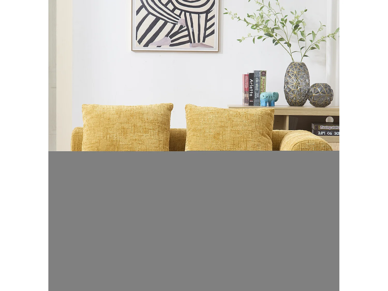 Méridienne gauche 2 places en chenille jaune avec 2 coussins, Rembourrage Moelleux - 158x90x60cm