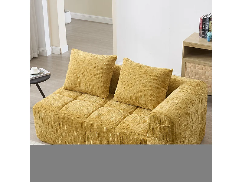 Méridienne gauche 2 places en chenille jaune avec 2 coussins, Rembourrage Moelleux - 158x90x60cm