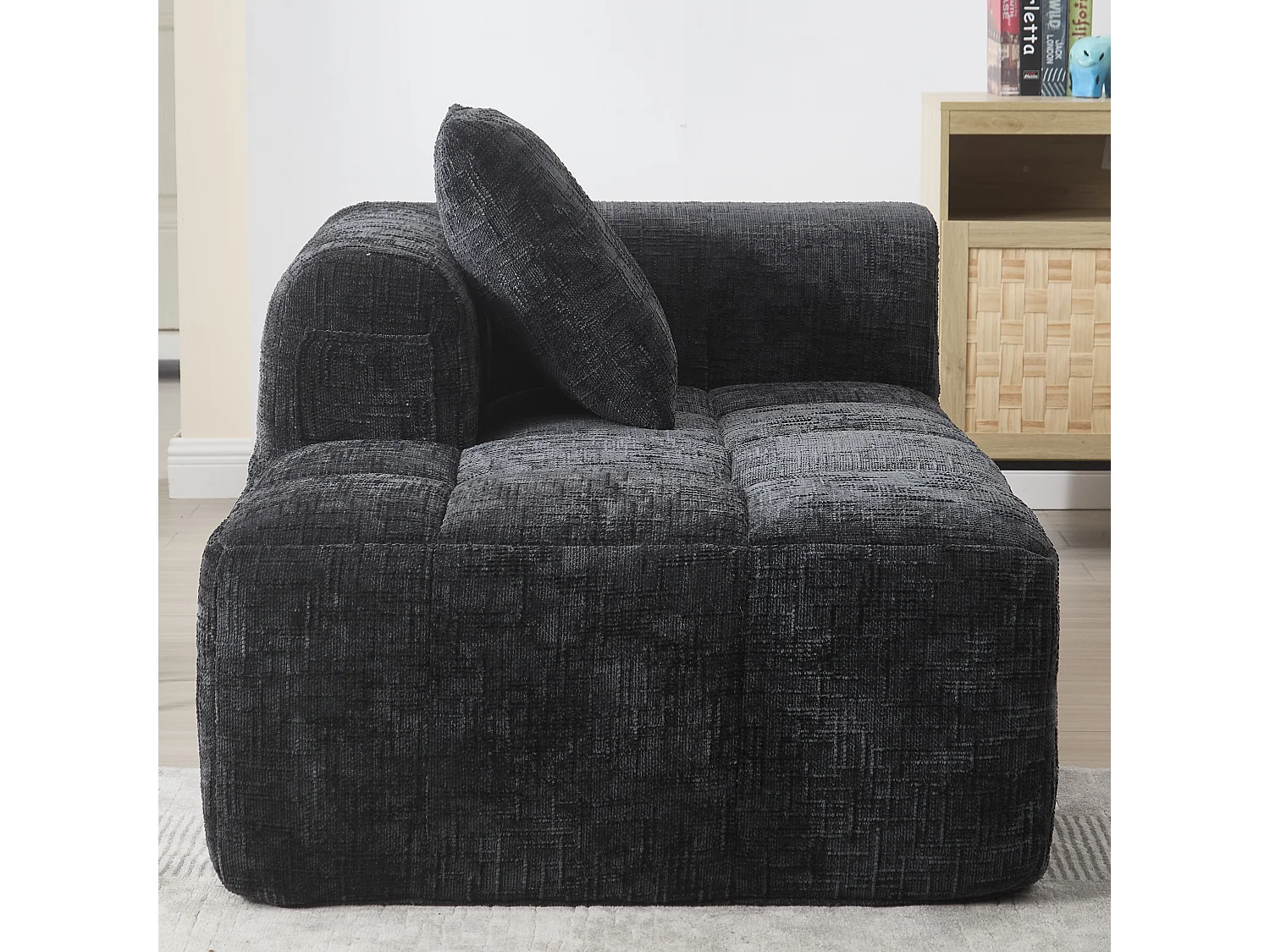 Méridienne gauche en chenille noir avec 1 coussins, Rembourrage Moelleux - 158x90x60cm