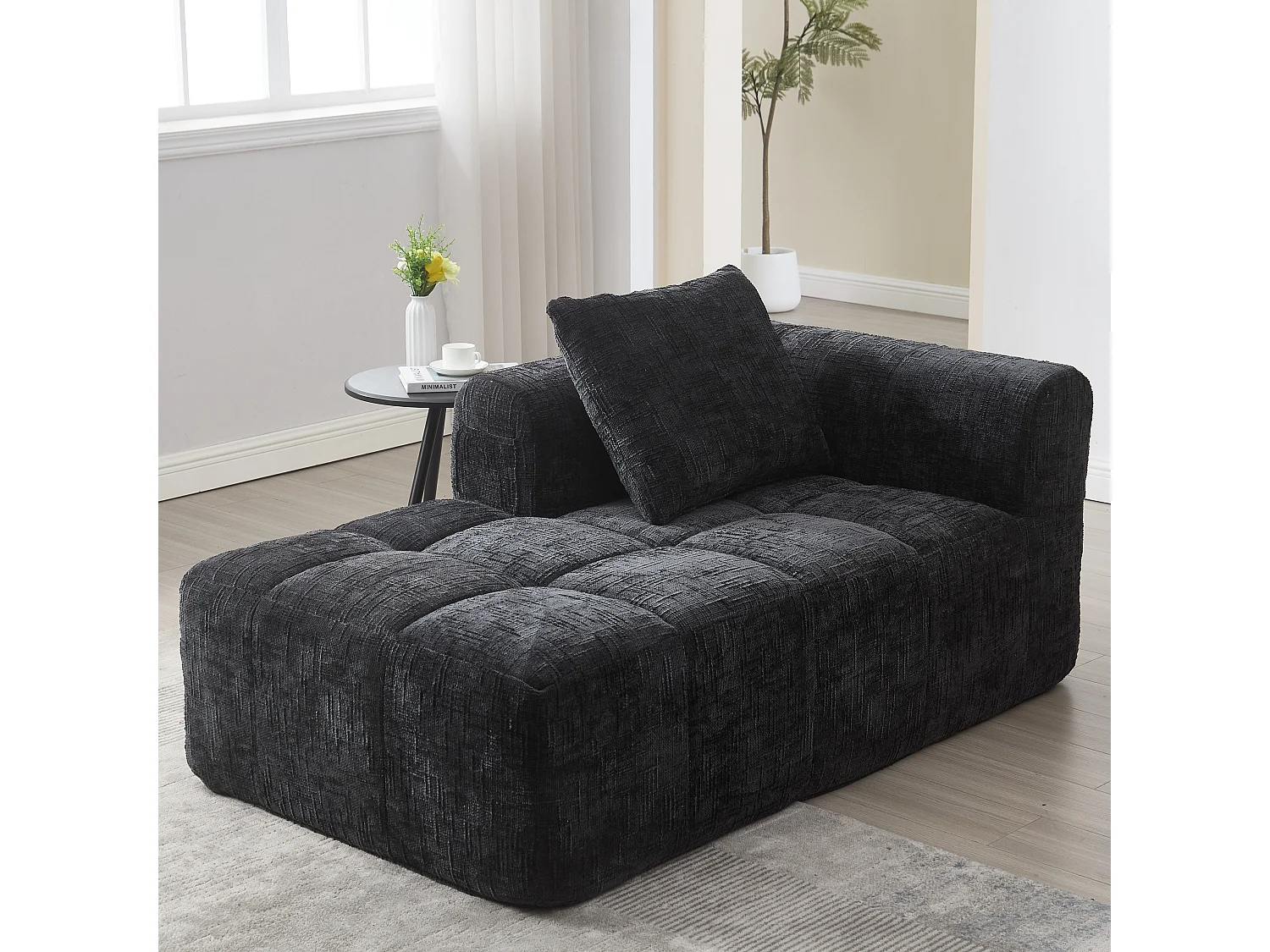 Méridienne gauche en chenille noir avec 1 coussins, Rembourrage Moelleux - 158x90x60cm