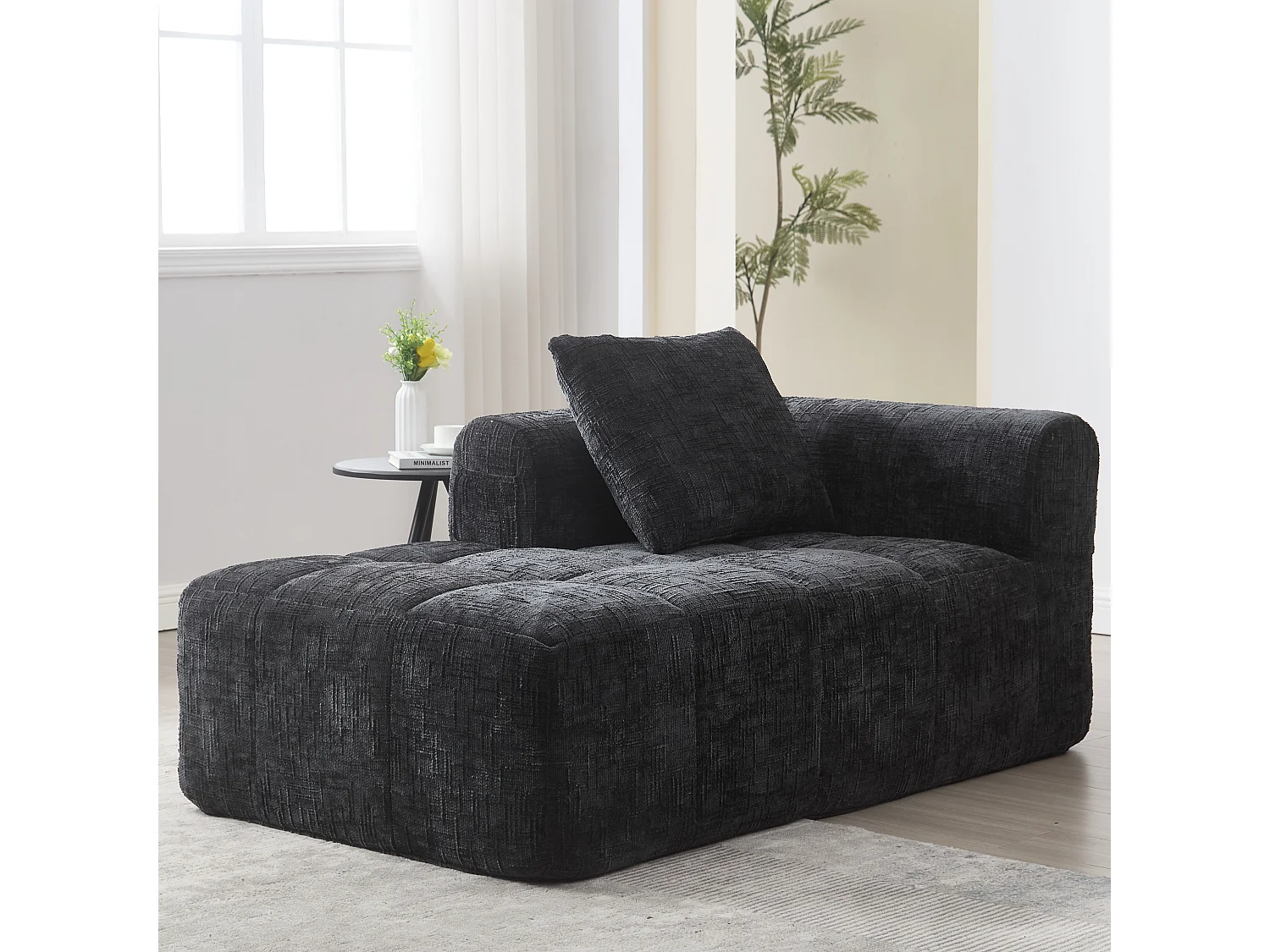 Méridienne gauche en chenille noir avec 1 coussins, Rembourrage Moelleux - 158x90x60cm