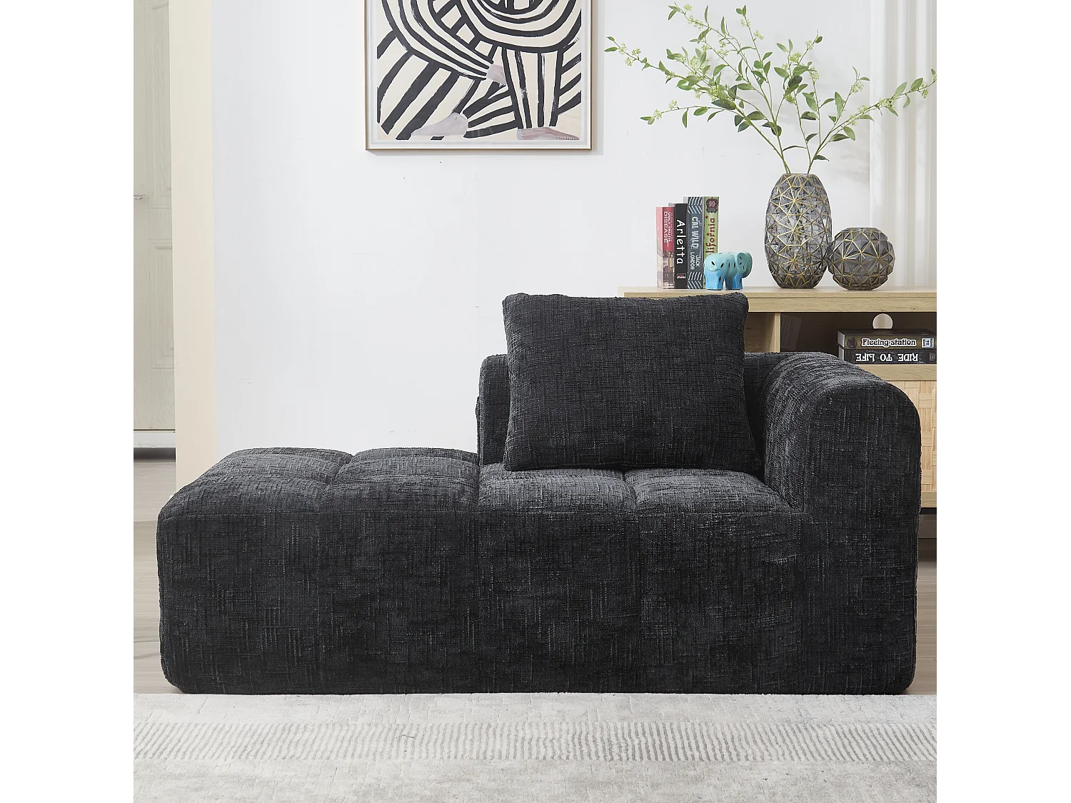 Méridienne gauche en chenille noir avec 1 coussins, Rembourrage Moelleux - 158x90x60cm