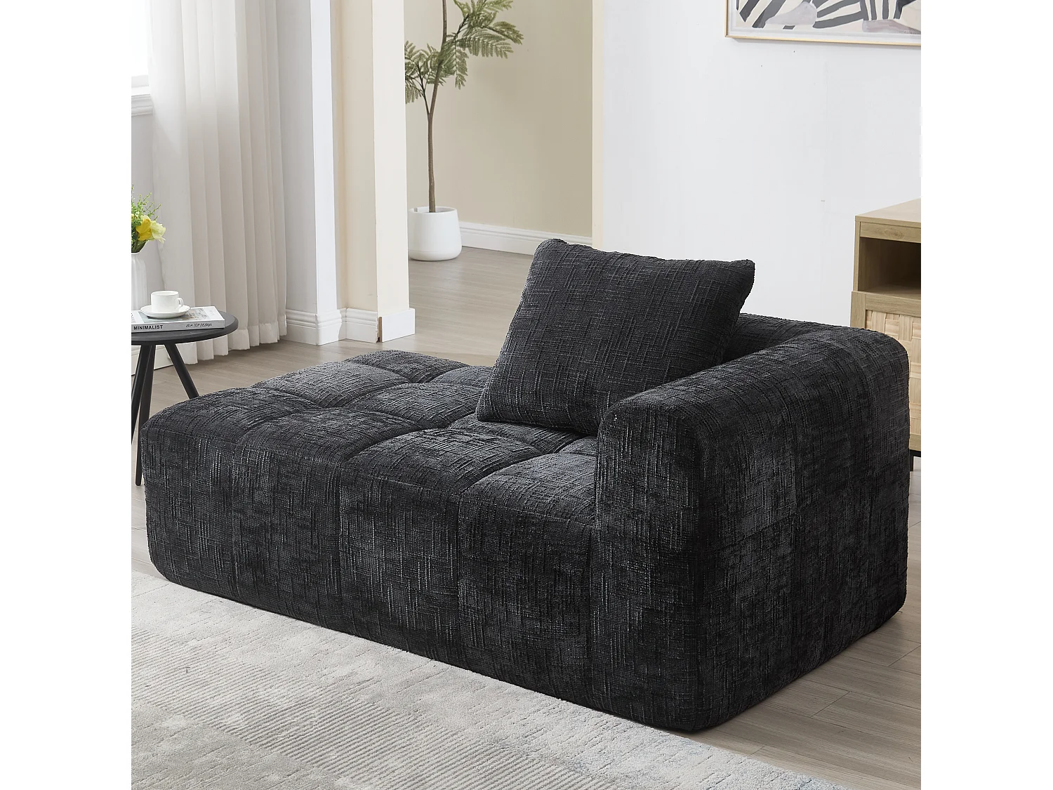 Méridienne gauche en chenille noir avec 1 coussins, Rembourrage Moelleux - 158x90x60cm