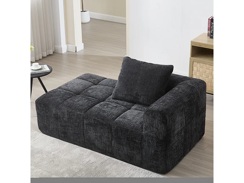 Méridienne gauche en chenille noir avec 1 coussins, Rembourrage Moelleux - 158x90x60cm