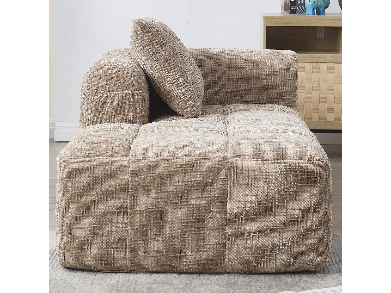 Méridienne gauche en chenille kaki avec 1 coussins, Rembourrage Moelleux - 158x90x60cm