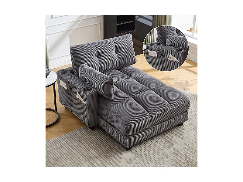 Méridienne fixe en velours gris avec accoudoirs interchangeables, porte-boissons et chargeur intégré(140x112x81cm)