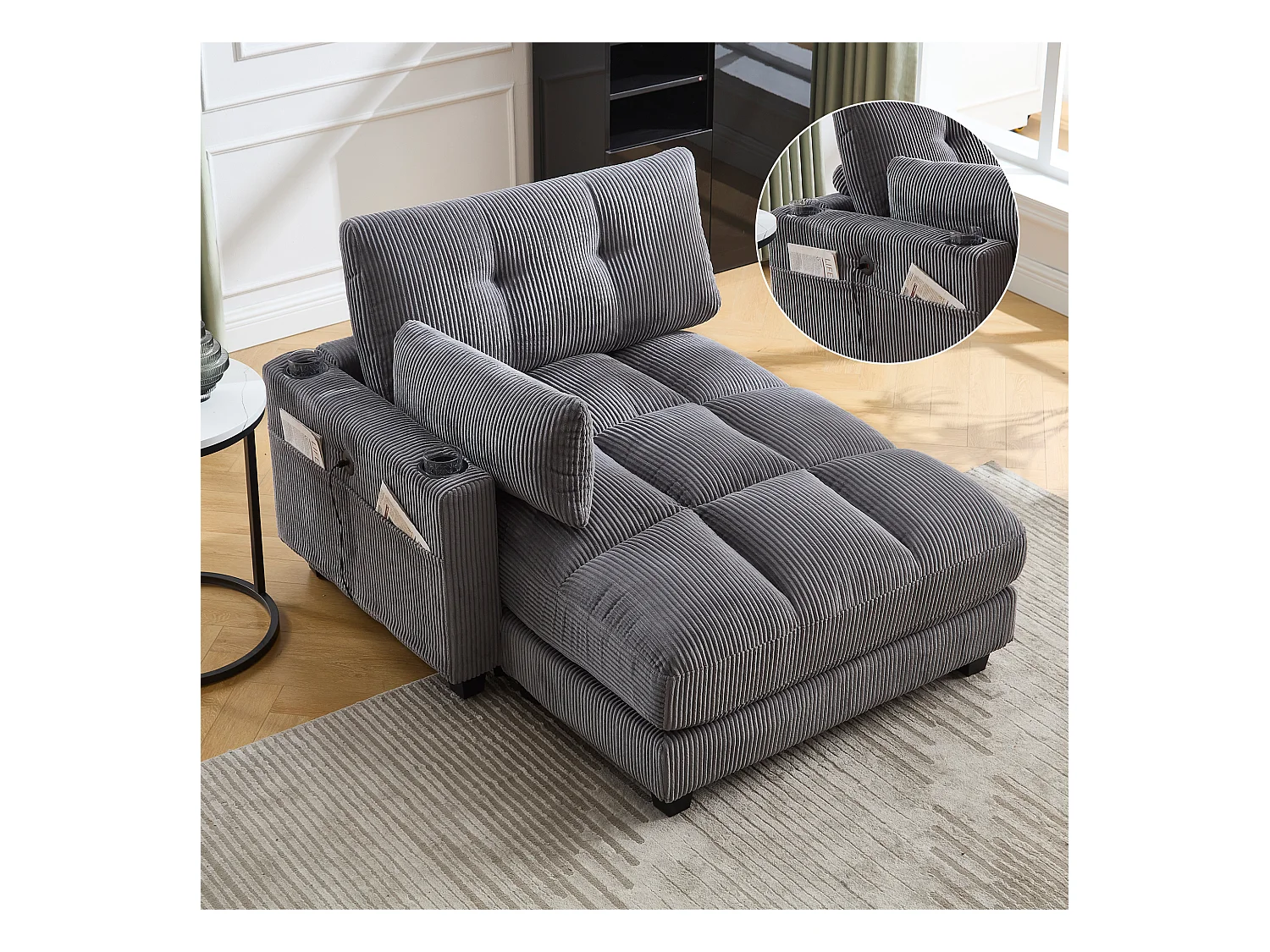 Méridienne fixe en velours gris avec accoudoirs interchangeables, porte-boissons et chargeur intégré(140x112x81cm)