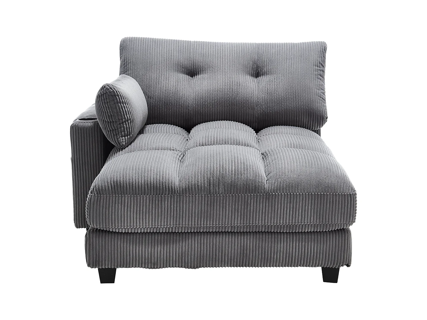 Méridienne fixe en velours gris avec accoudoirs interchangeables, porte-boissons et chargeur intégré(140x112x81cm)