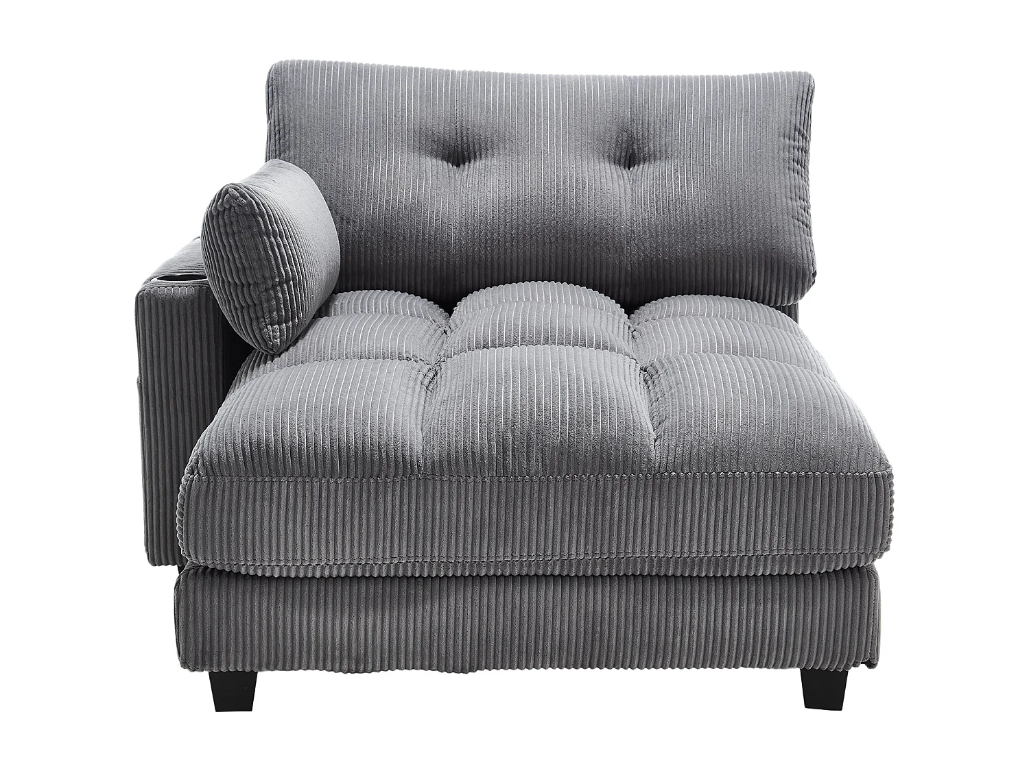 Méridienne fixe en velours gris avec accoudoirs interchangeables, porte-boissons et chargeur intégré(140x112x81cm)