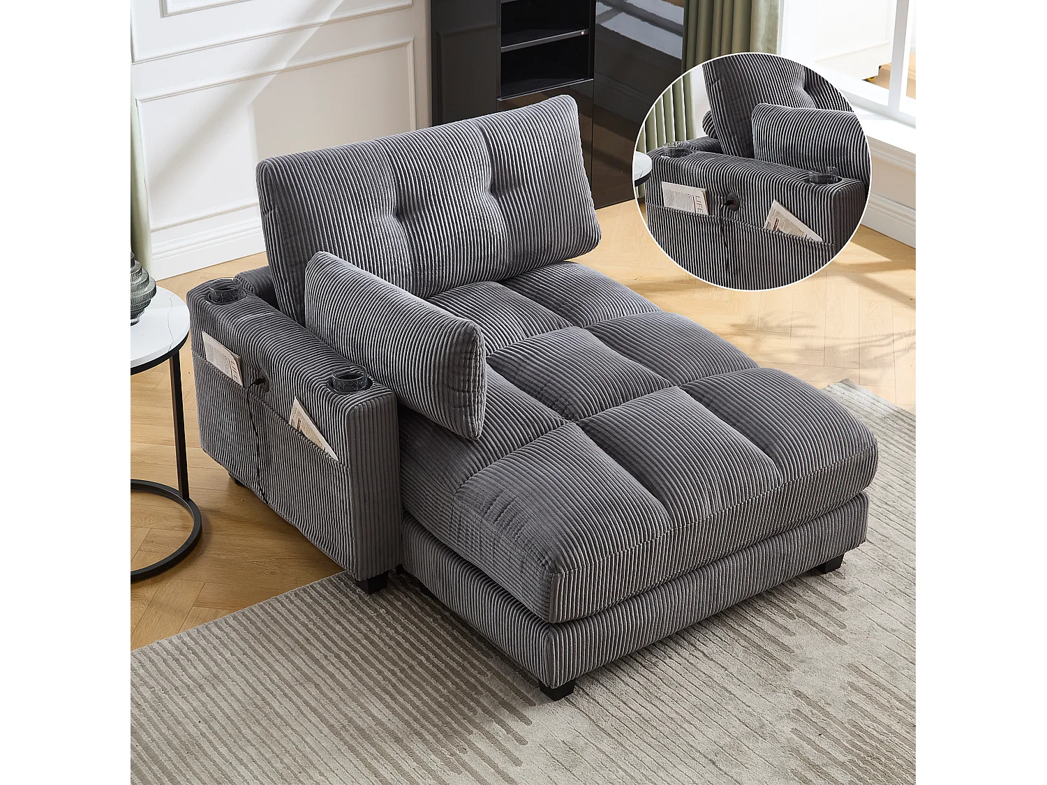 Méridienne fixe en velours gris avec accoudoirs interchangeables, porte-boissons et chargeur intégré(140x112x81cm)