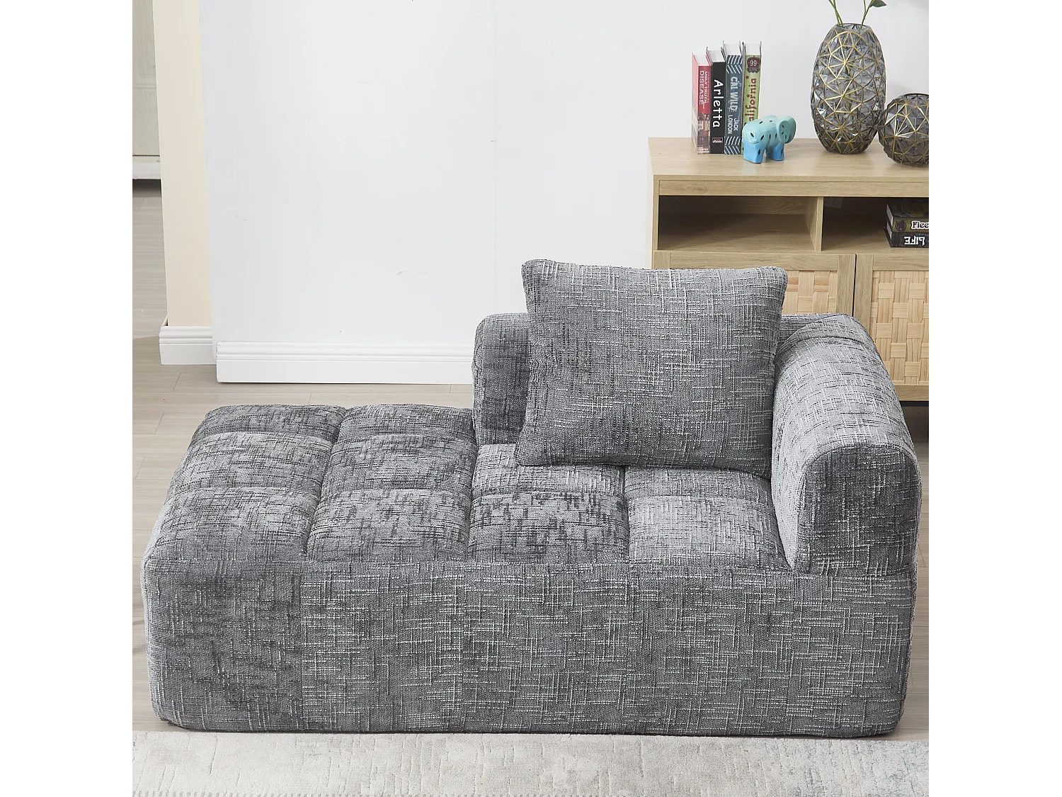 Méridienne gauche en chenille gris avec 1 coussins, Rembourrage Moelleux - 158x90x60cm