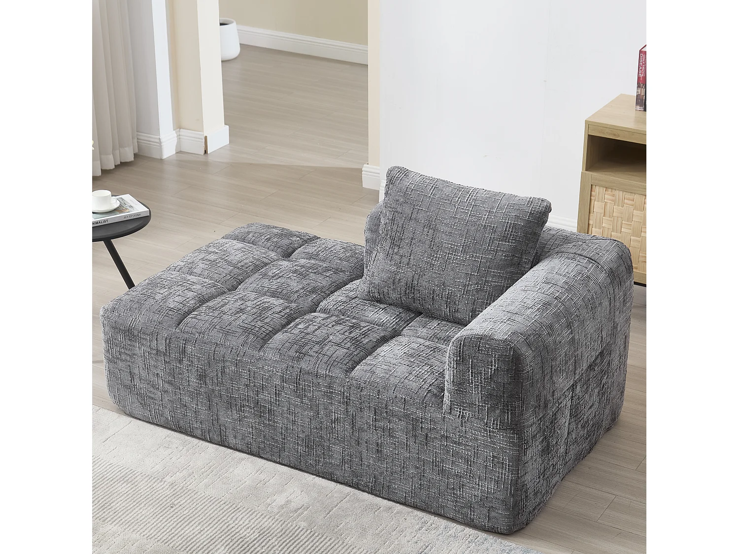 Méridienne gauche en chenille gris avec 1 coussins, Rembourrage Moelleux - 158x90x60cm