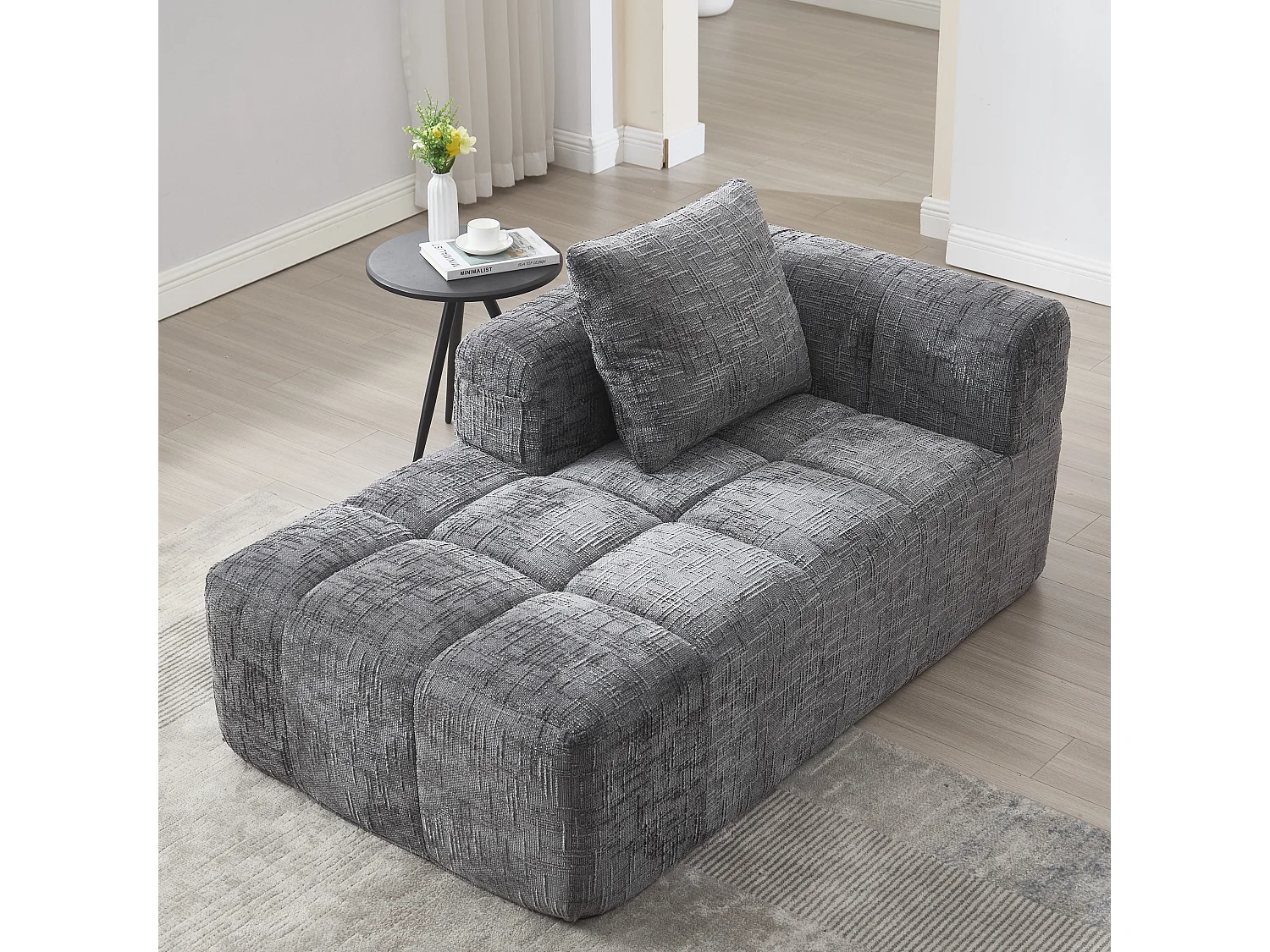 Méridienne gauche en chenille gris avec 1 coussins, Rembourrage Moelleux - 158x90x60cm