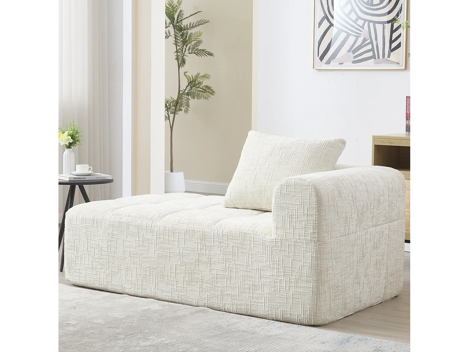 Méridienne gauche en chenille beige avec 1 coussins, Rembourrage Moelleux - 158x90x60cm