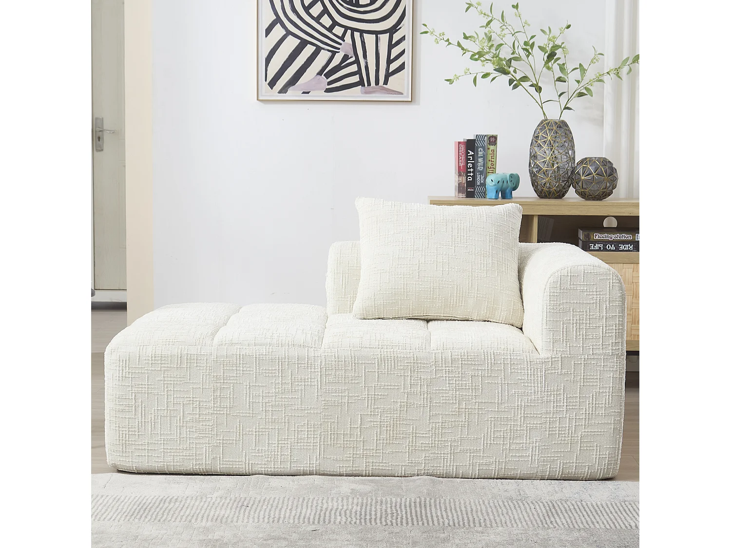 Méridienne gauche en chenille beige avec 1 coussins, Rembourrage Moelleux - 158x90x60cm