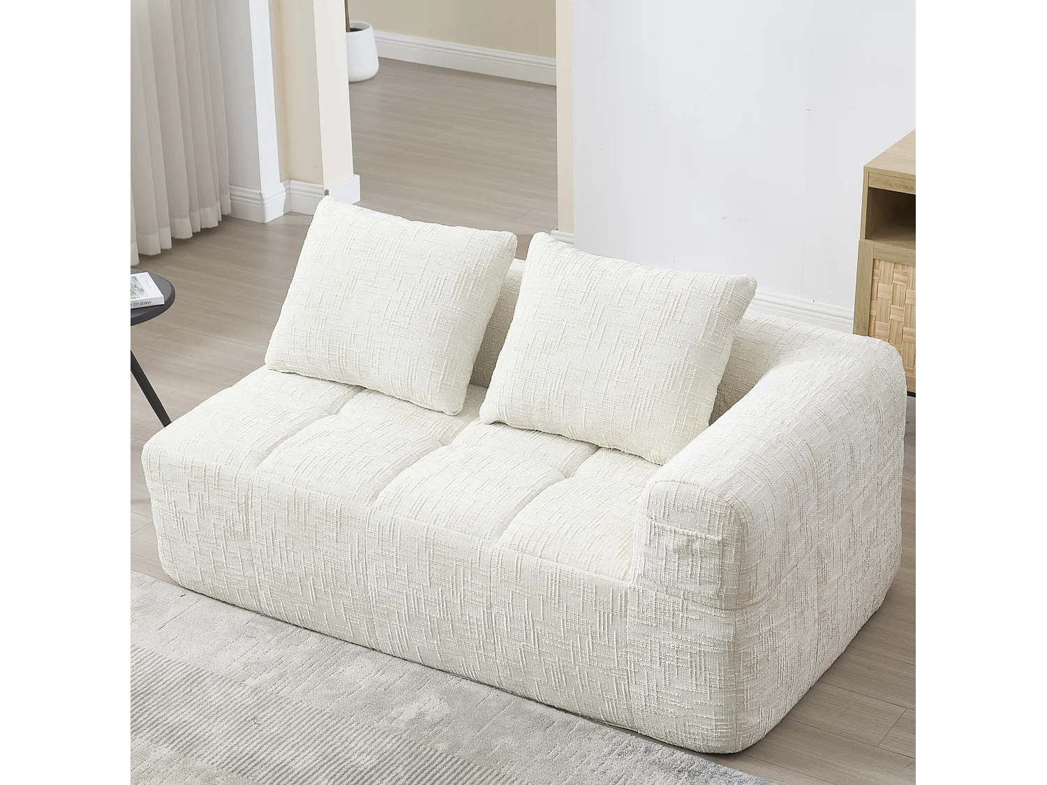 Méridienne gauche 2 places en chenille beige avec 2 coussins, Rembourrage Moelleux - 158x90x60cm
