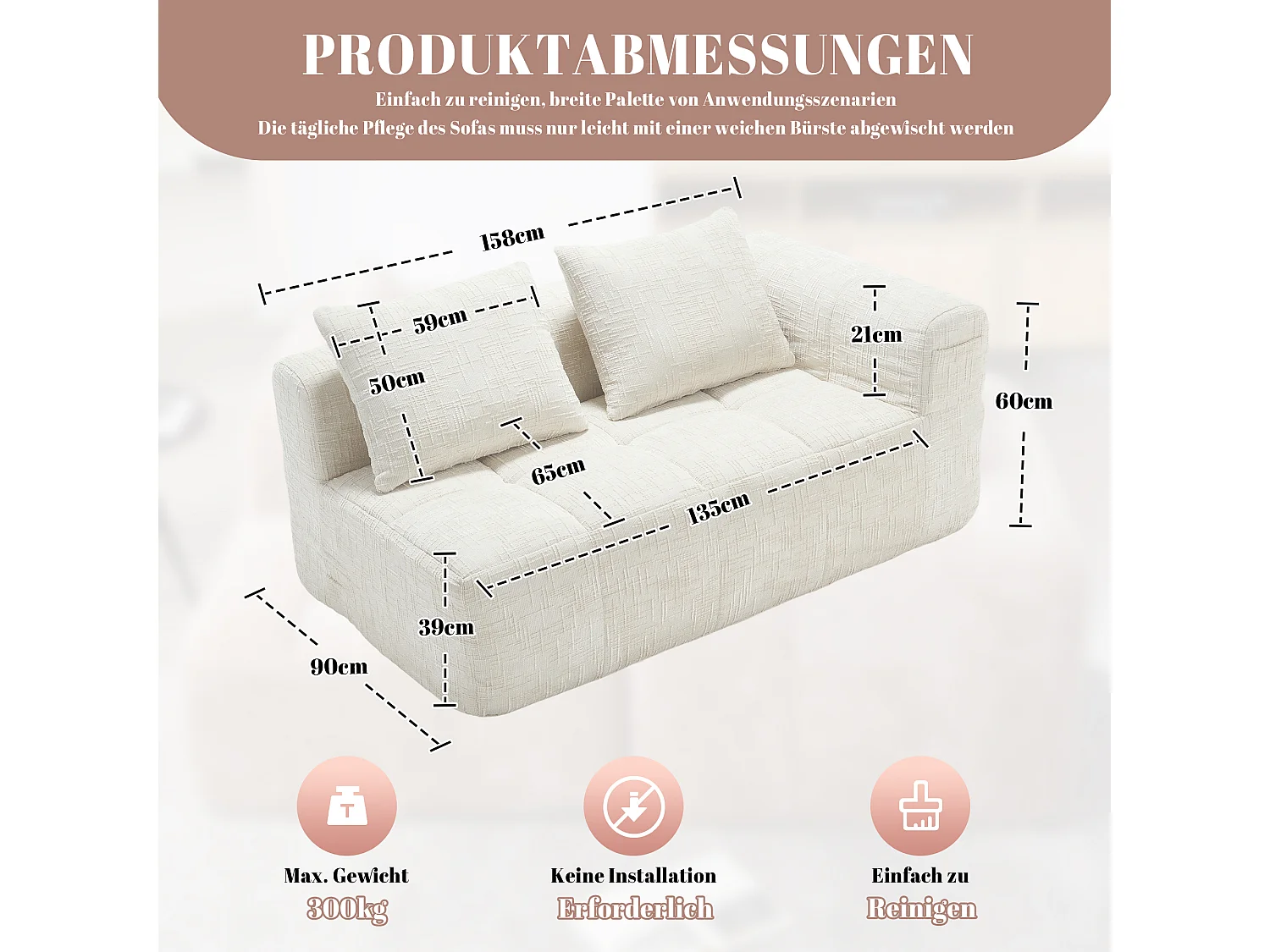 Méridienne gauche 2 places en chenille beige avec 2 coussins, Rembourrage Moelleux - 158x90x60cm