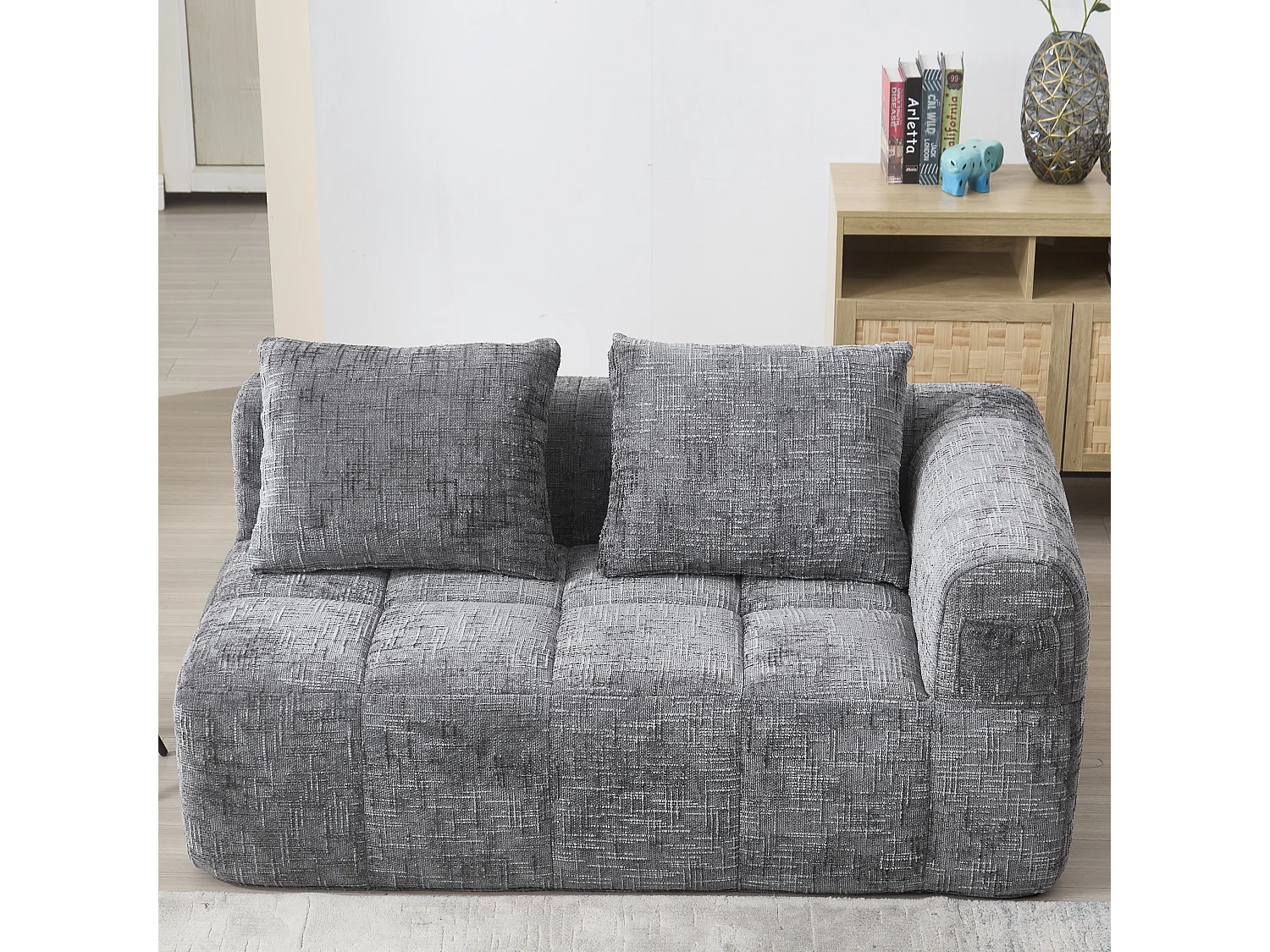 Méridienne gauche 2 places en chenille gris avec 2 coussins, Rembourrage Moelleux - 158x90x60cm