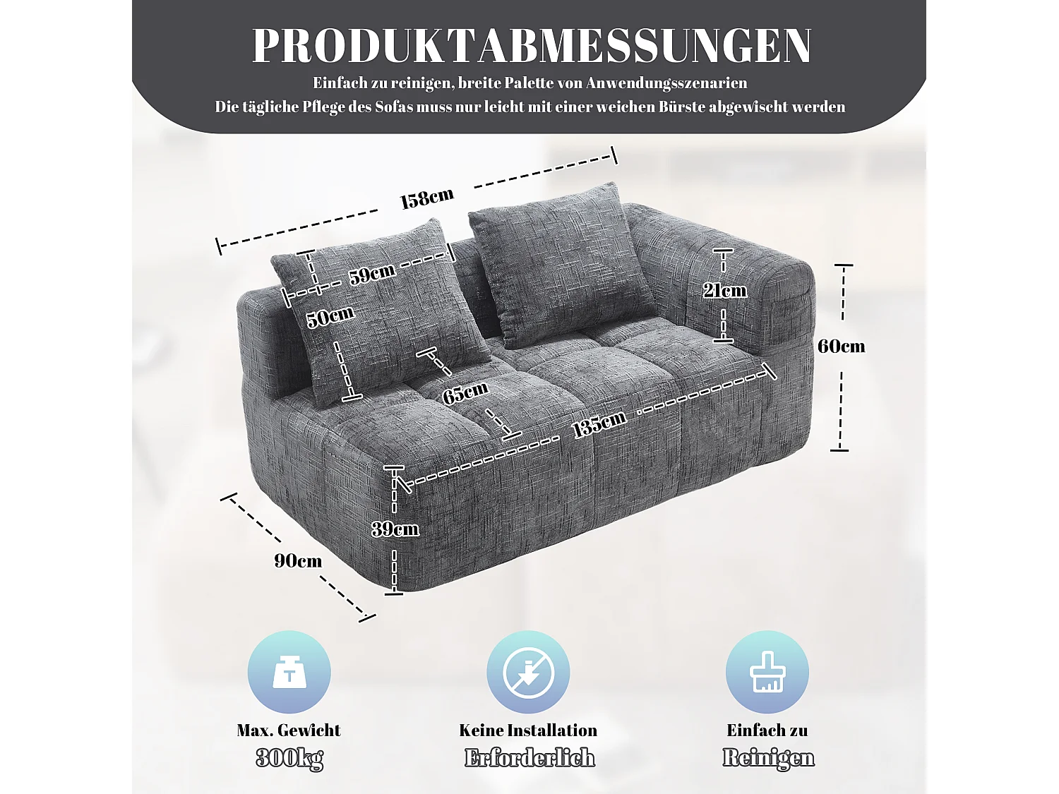 Méridienne gauche 2 places en chenille gris avec 2 coussins, Rembourrage Moelleux - 158x90x60cm