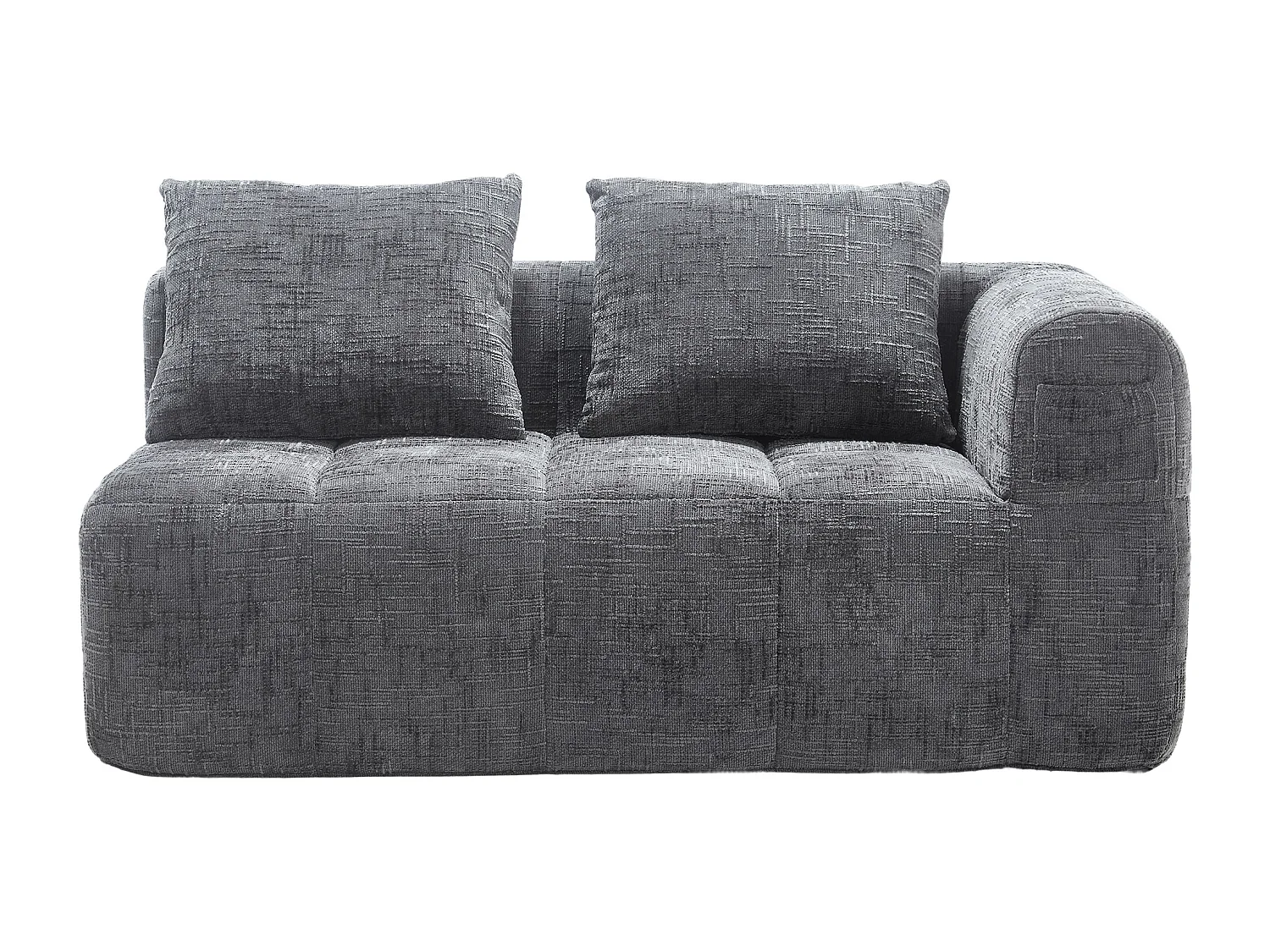 Méridienne gauche 2 places en chenille gris avec 2 coussins, Rembourrage Moelleux - 158x90x60cm